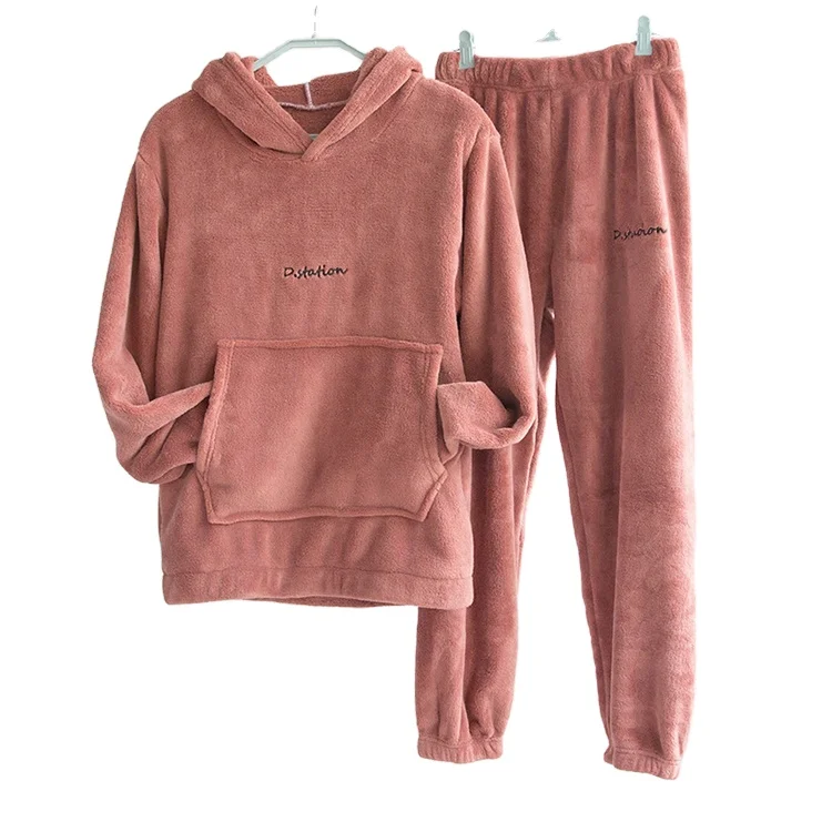 

Wholesale Winter Hoodie Women Pajamas Family Sleepwear 2 Pieces Coral Fabric Adult Pajamas Sets, 6 colors