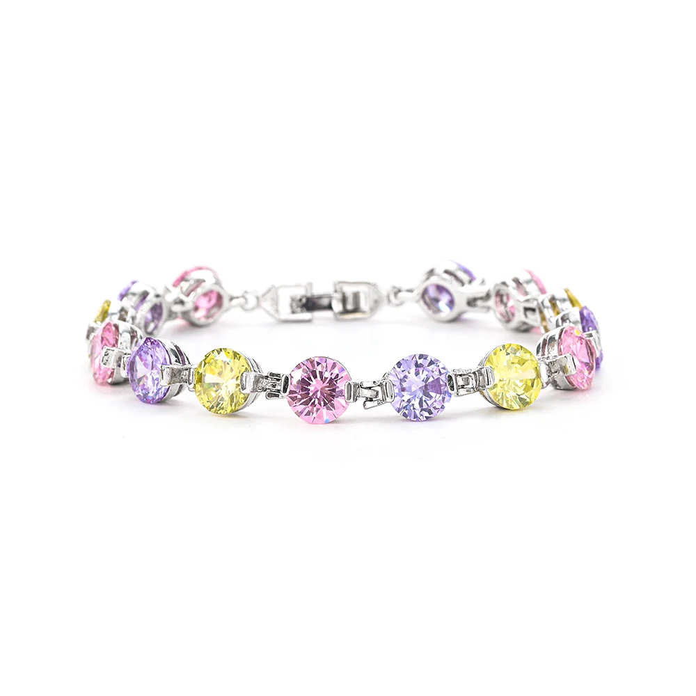 Factory Wholesale Rhodium Plated Round Zircon Chain & Link Bracelet with Colored Gemstones for Women-Trendy Gift