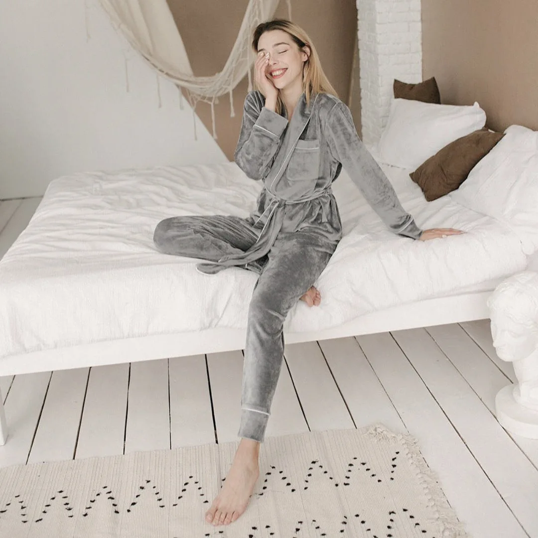 

Autumn winter high quality women night dress knitted V-neck cardigan solid color casual home pajamas suit