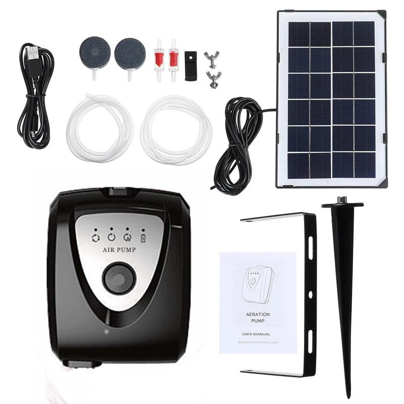 

Outdoor Solar Powered Panel also support USB rechargeable Air oxygenator Oxygen Pump for Fish Pond/Fish Tank/Aquarium Pond, Black, blue