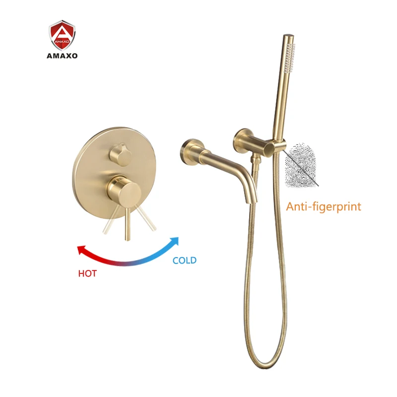 

Brushed Gold Bathroom Waterfall Hot And Cold Water Bath Mixer Taps Concealed 2 Ways Shower Mixer