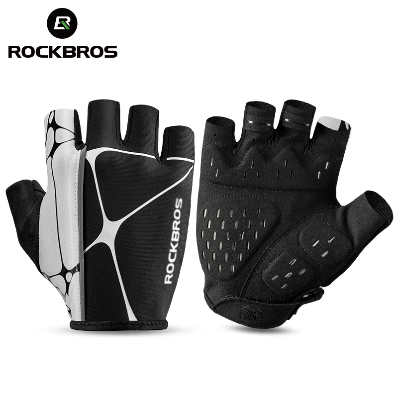 

ROCKBROS Gloves Cycling Reflective Half Finger Thickened Silicone Shock-absorption Breathable Cycling Gloves, Black and white