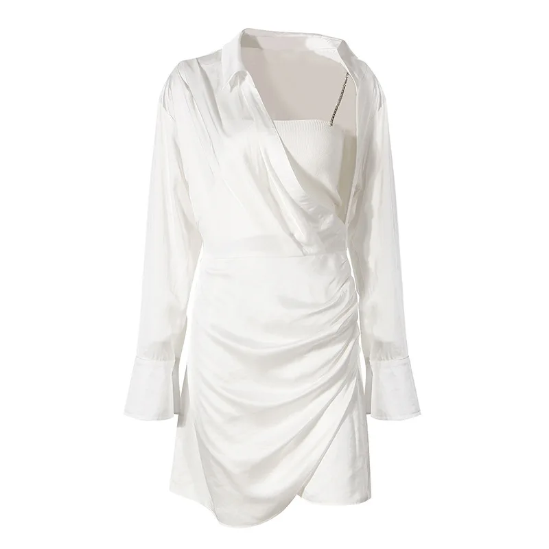 

two pieces set dress diamond chain vest inner long sleeves irregular casual dress for women