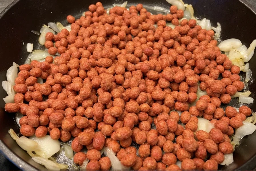 Fresh Mexican chorizo sausage crumbled in cast iron skillet with onions and garlic