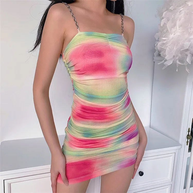 

Summer Mesh Dress Women Tie Dye Iron Chain Shoulder Strap Ruched Bodycon Dress Multi-Color Print Beach Dresses 2020 New, Camouflage