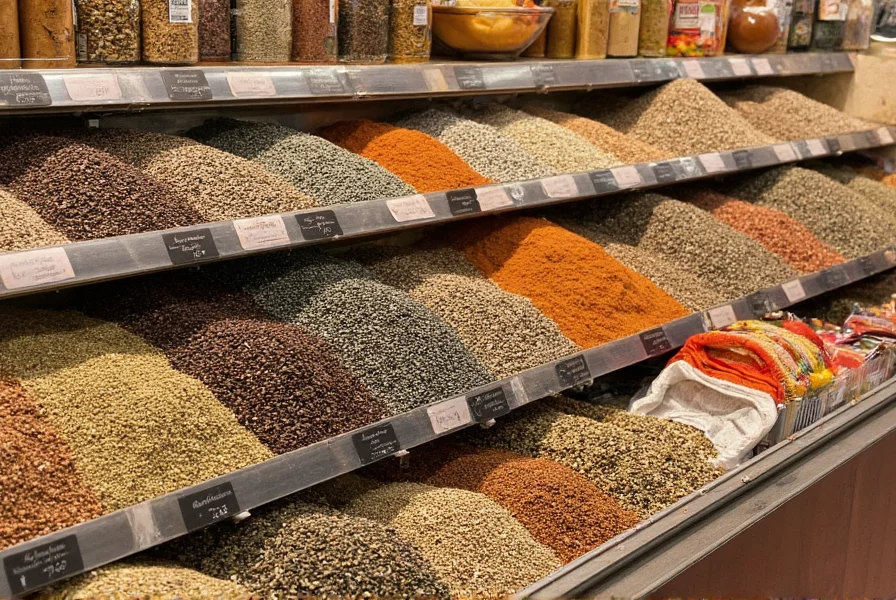 Middle Eastern grocery store spice section with black cumin seeds displayed