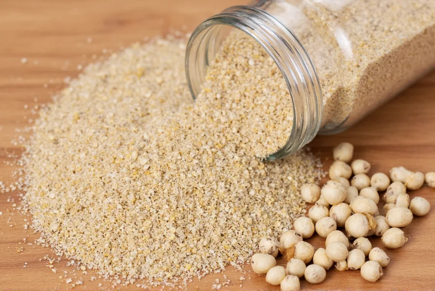 Close-up of ground white pepper in a glass spice jar next to whole white peppercorns on a wooden background