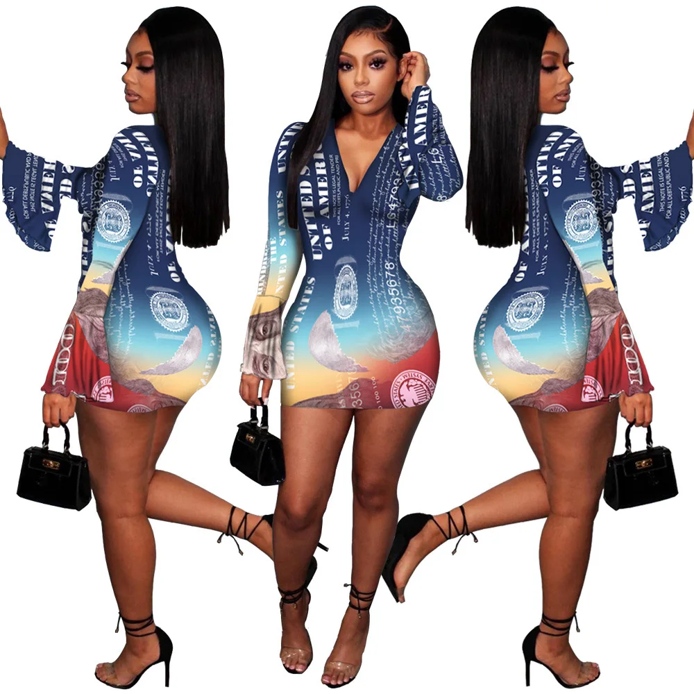 

2021 fashion women's clothing printing lotus leaf sleeve fashion bag hip dress, Shown