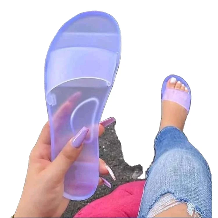 

Summer fashion design beach crystal jelly transparent ladies flat slides clear sandals for woman