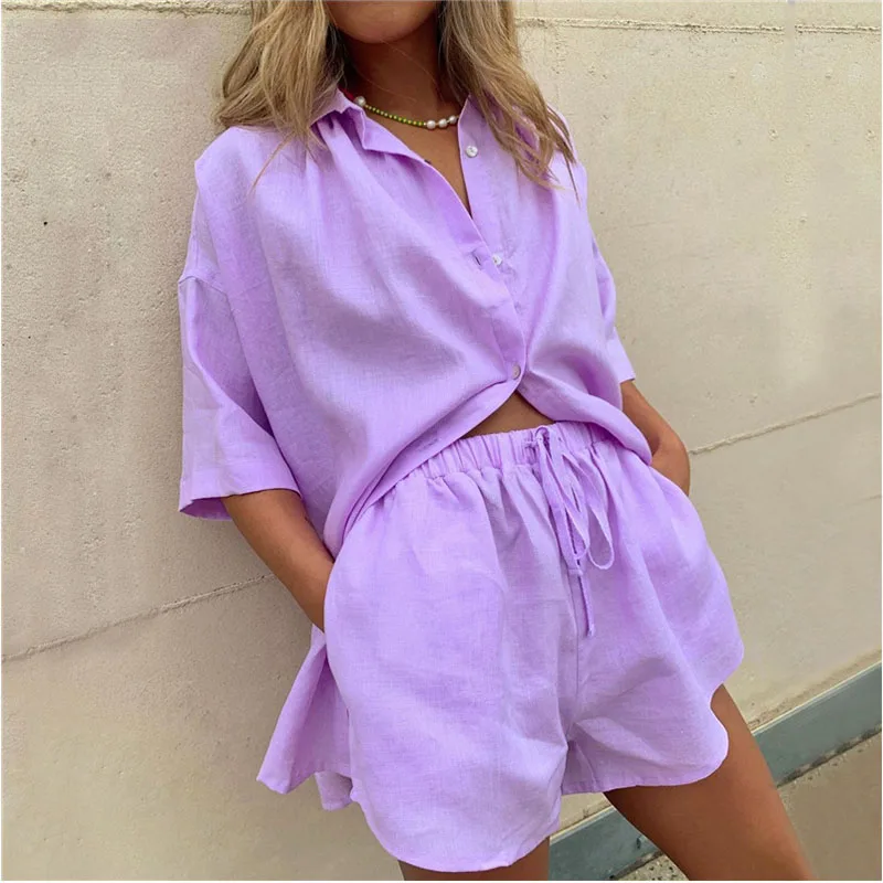 

JULY'S SONG Custom Lounge Wear 2 Pcs Woman Pajamas Set Cotton Female Sexy Sleepwear Summer Solid Shorts Suit Homewear, 6 colors as shown