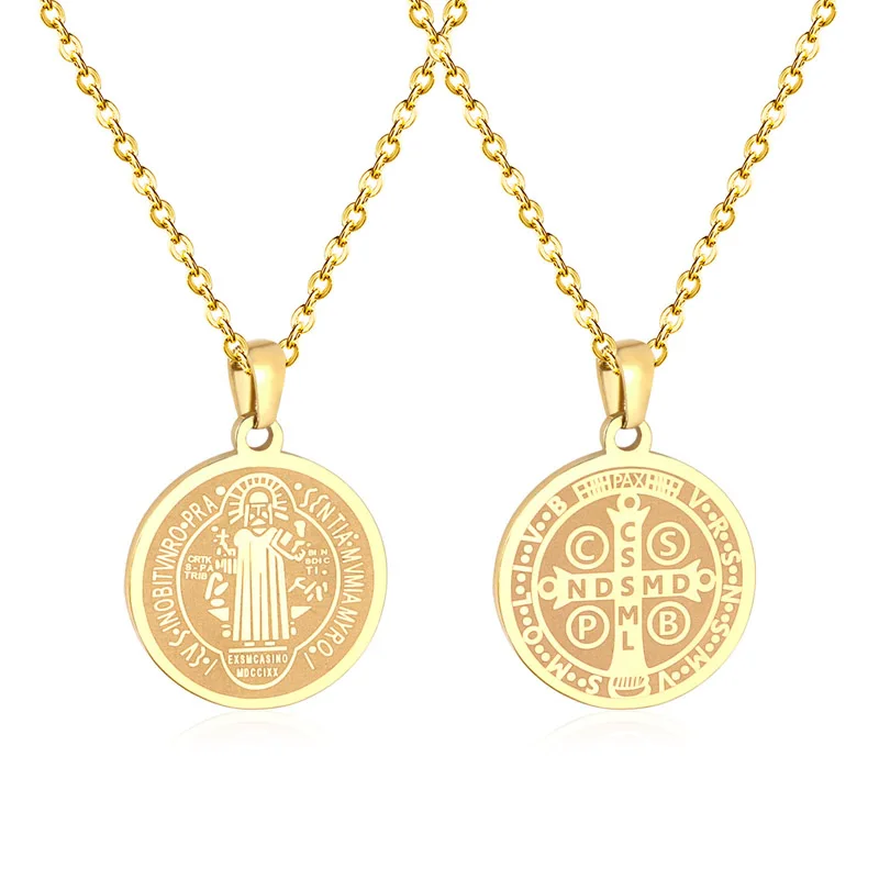 New 18k Gold Plated Christian Coin Medals Jewelry Catholicism Saint Benedict Custom Mens Gold