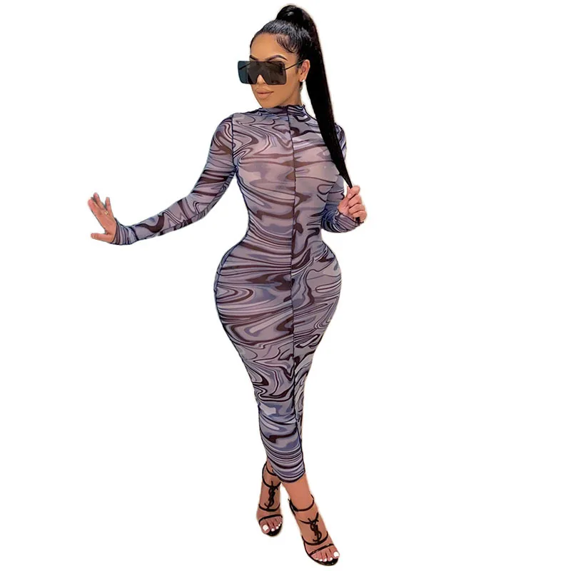 

Sexy Mesh Dresses Women Fall Fashion Print Long Sleeve Bodycon Maxi Dress Lady Party Club Wear C13698