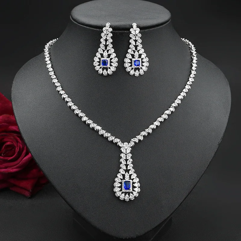 Custom Platinum Pear Shaped Diamond Wedding Necklace Earrings Jewelry Set