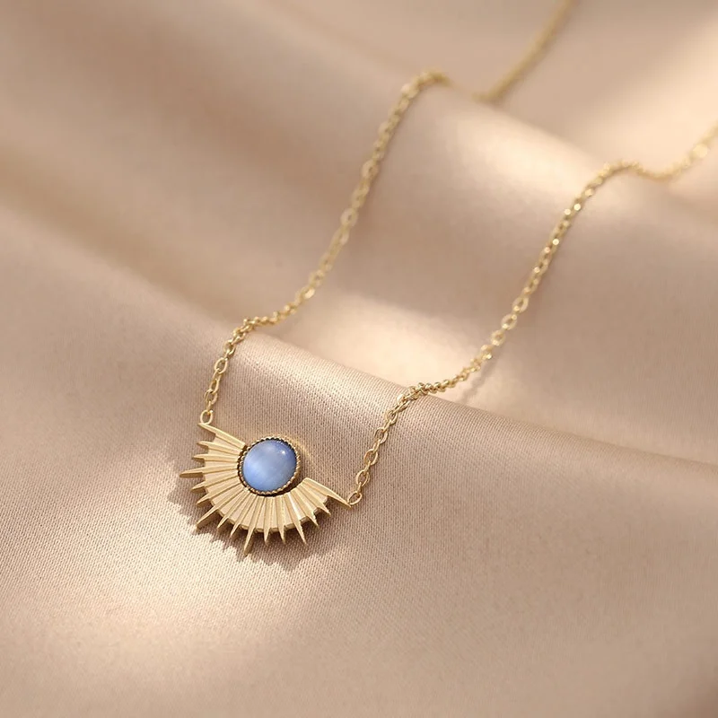 14K Gold Plated Blue Cat Eye Sunrise Shape Pendant Stainless Steel Necklace Ins Trendy Jewelry