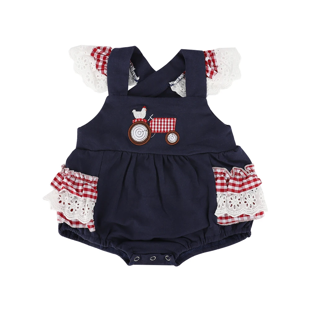 

Factory RTS Girlymax Summer Baby Girls Ruffles Boutique Romper Cotton Farm Plaid Clothes, Navy