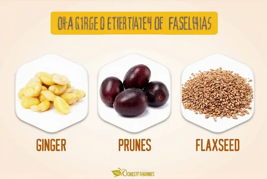 Comparison of natural constipation remedies including ginger, prunes, and flaxseed