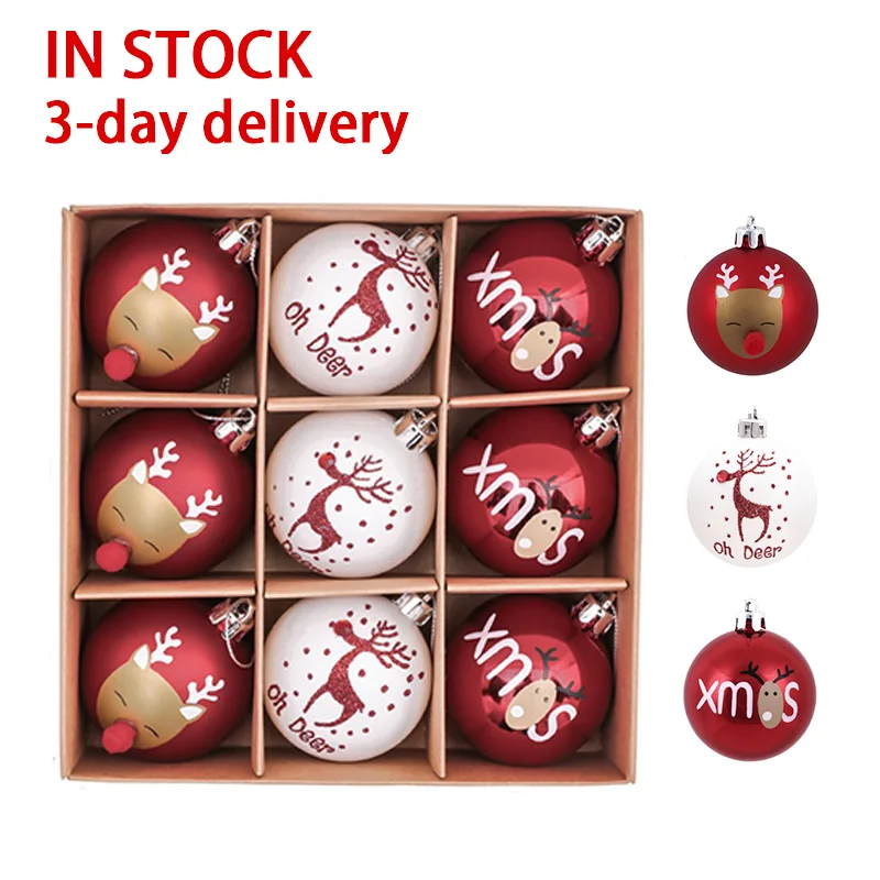 

EAGLEGIFTS Red and White Reindeer Xmas Baubles Ornaments 6cm 9pcs Printed Christmas Tree Ball Decorations