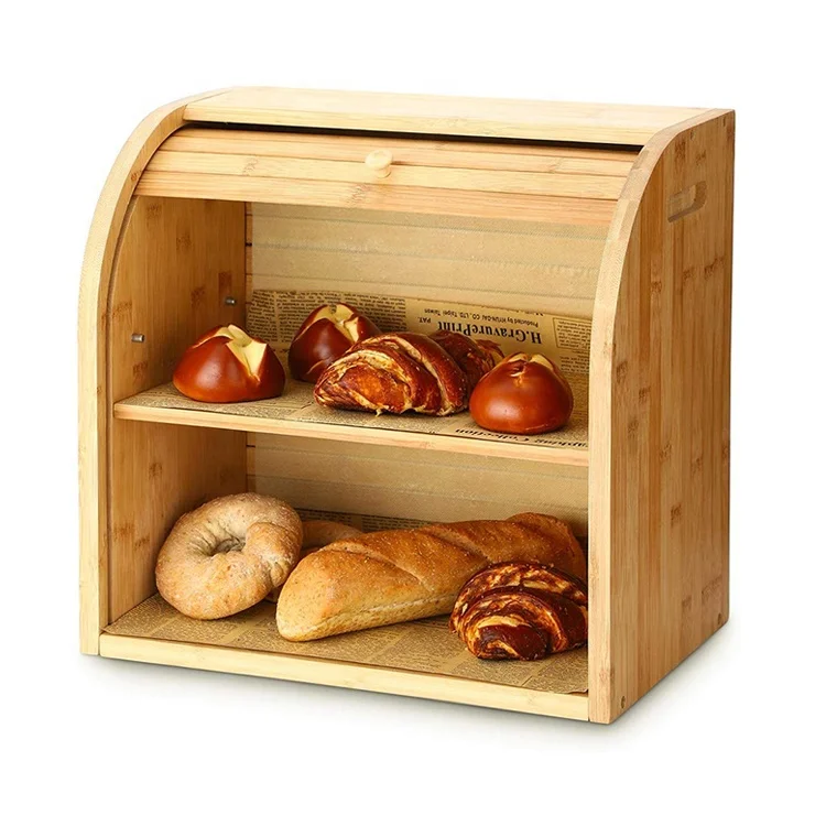 

Bread Box, 2 Layer Bamboo Bread Boxes for Kitchen Food Storage, Large Capacity Bread Keeper Roll Top with Removable Layer, Natural