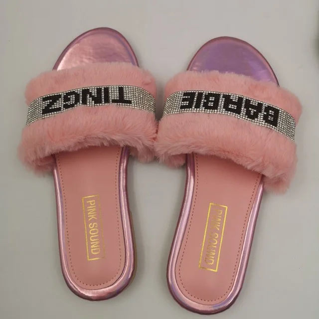 

Flat Lady Fluffy Fur 2020 New Arrive Slipper for Women's, Pink and black