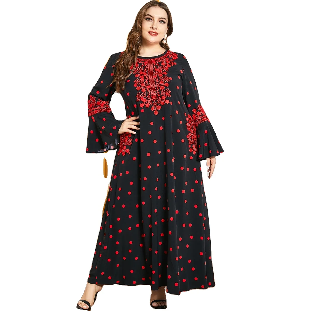 

Muslim Long Skirt Plus Size Women'S Fashion Embroidery Printing Autumn Horn Long Sleeve Casual Big Swing Dress GAO