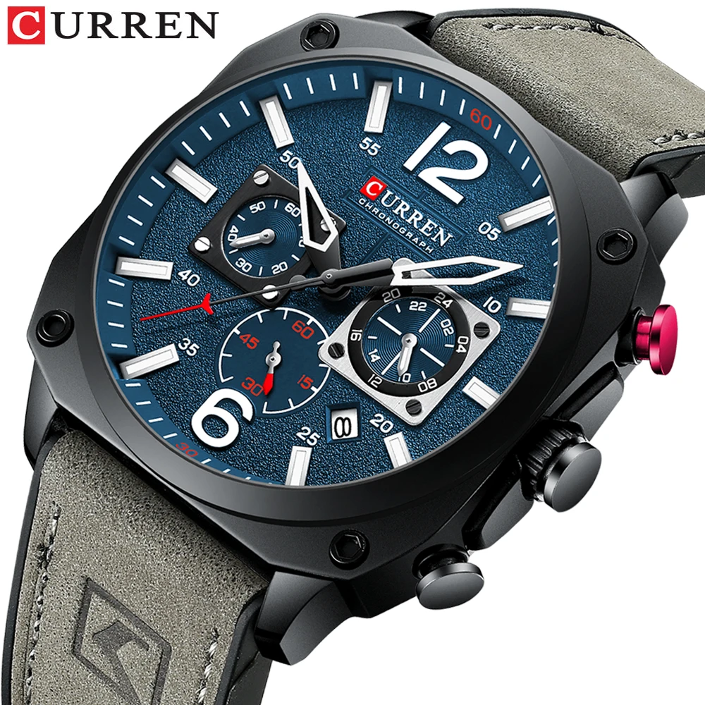 

CURREN 8398 Sport Watches for Men Luxury Blue Military Genuine Leather Wrist Watch Man Clock Fashion Chronograph Wristwatch, 5-colors