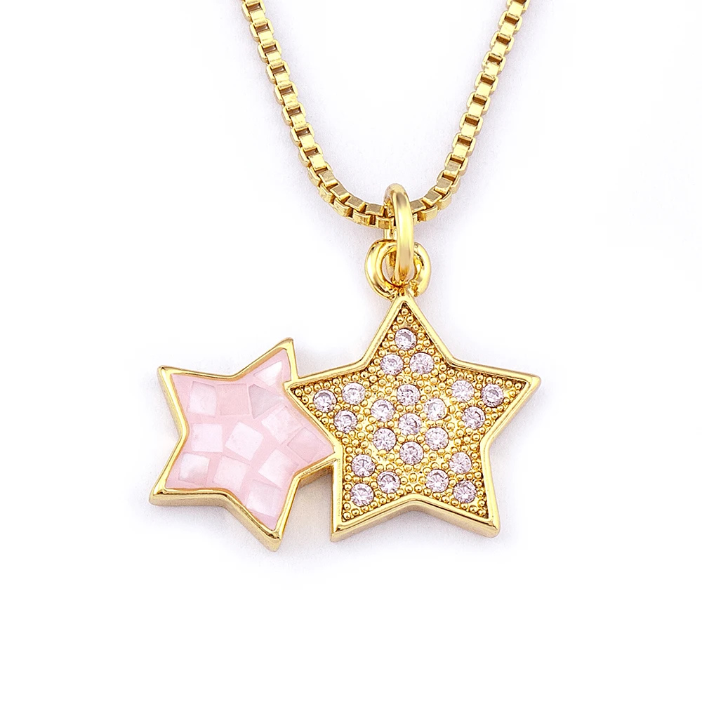 

2022 New Fashion Diamond Micro Pave Pink Shell Double Star Necklace CZ Copper Link Pendant Necklace for Women Wedding Jewelry, As picture