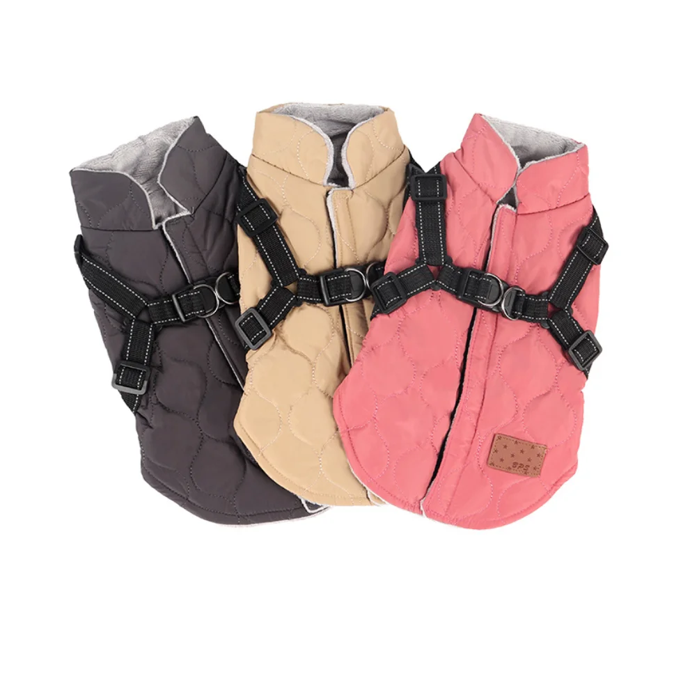 

2021 new Autumn and winter dog clothes Padded coat small dog vest traction band winter jacket with harness pet clothes