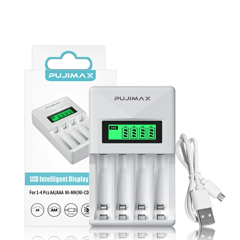 

PUJIMAX AA/AAA Rechargeable Battery Charger LCD Display Portable Universal Adapter USB Cable Type C Interface Fast Charging Tool, White/black