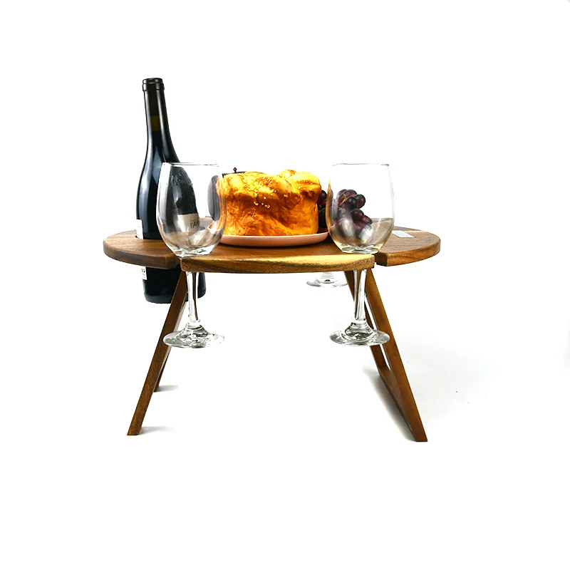 

Wooden Outdoor Folding Picnic Table Portable Wine Table with Glass Holder