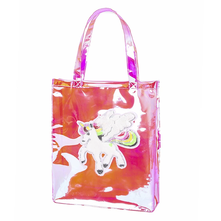 
BSCI Factory 2020 newly designed clear plastic hand bag ladies holographic pvc tote bags laser material makeup bags 