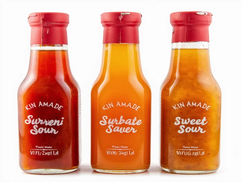 Three variations of homemade sweet sour sauce in glass jars with labels