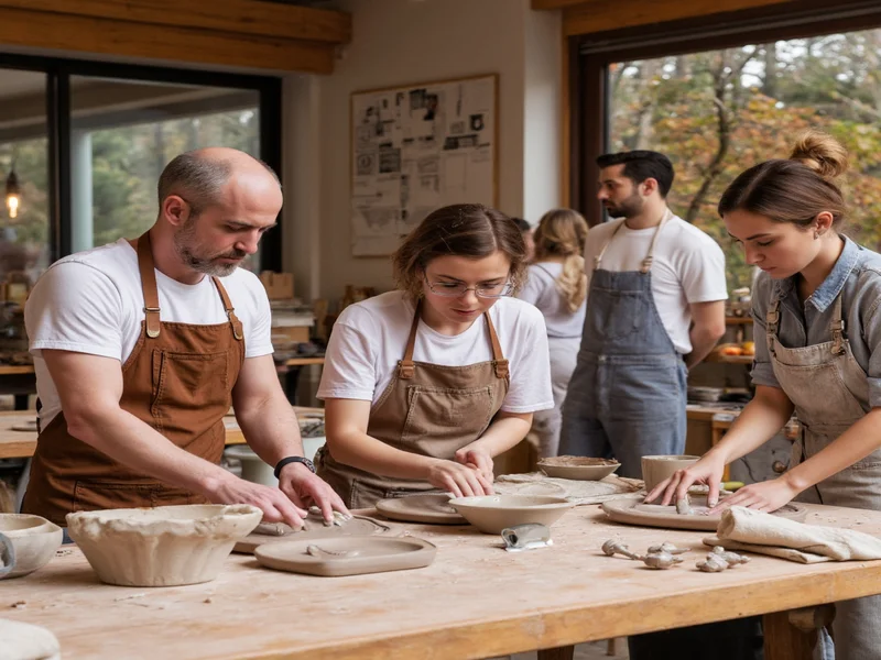 Group of adults learning pottery in Michaels workshop environment