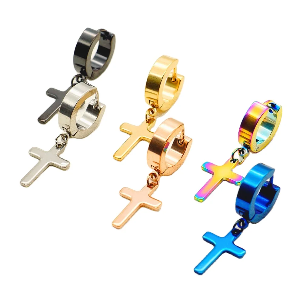 

Stainless Steel Punk Earrings Hanging Cross Hoop Earrings For Men Women