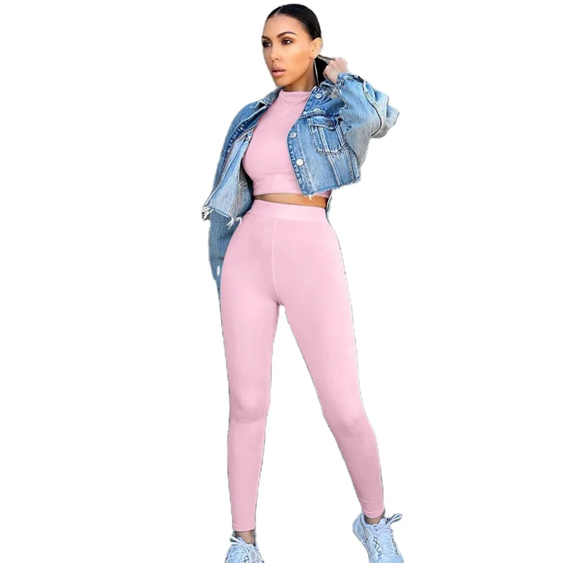 

Summer dress 2021 Tracksuit women turtleneck full crop top leggings two piece set sporty fitness casual outfits, Picture shows