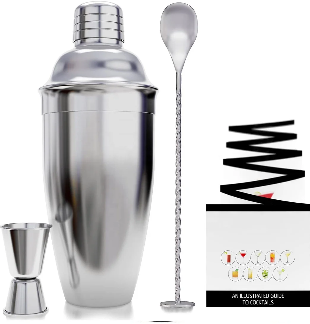 

Amazon Custom 4 Pieces Cocktail Shaker Set with Accessories Barware Drink Shaker Built-In Strainer 24 Ounce Bar Tools Set Recipe, Sliver