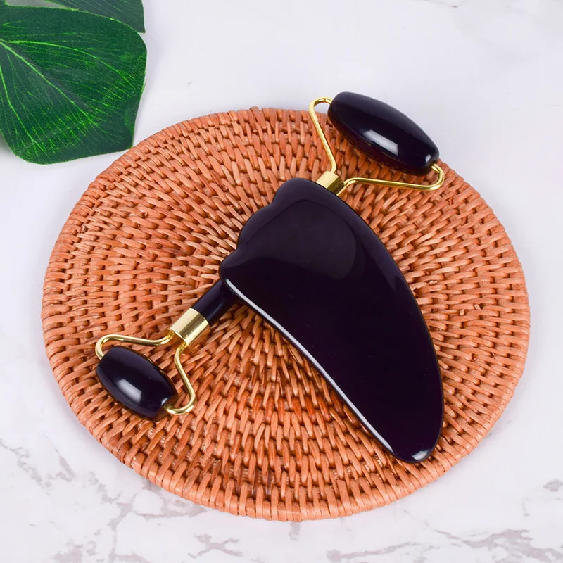 

Skin Care Natural Stone Black Obsidian Black stone stone Roller Feather Shape Gua Sha Set