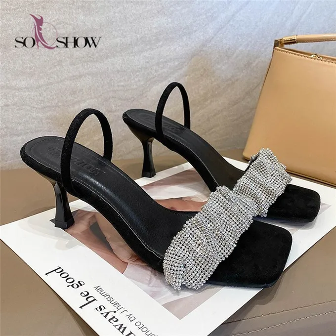 

2021 China wholesale big size high heel slippers sandals with rhinestone for women and ladies
