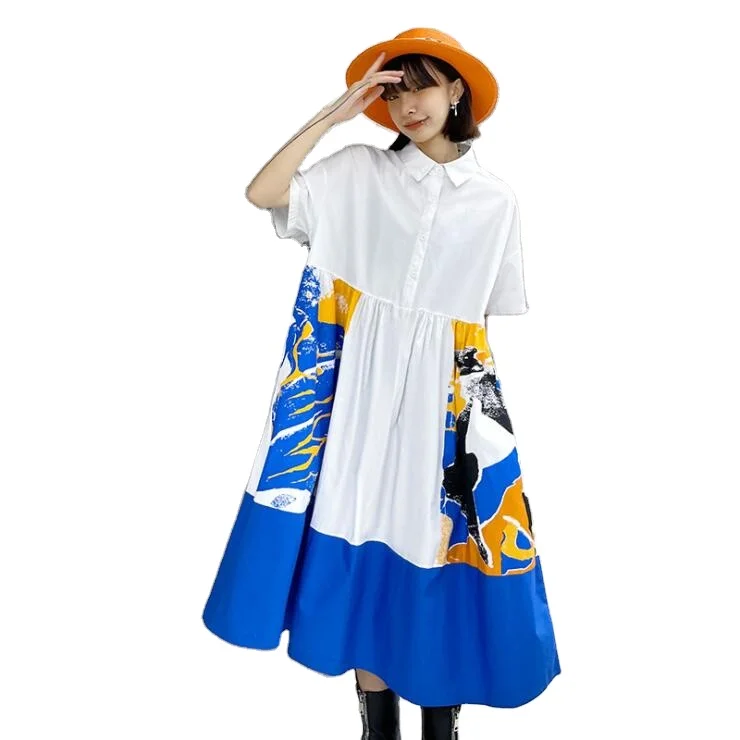 

Wholesale Plus Size Women's Simple Style Dresses 2021 New Summer Loose Printed Shirt Turn-Down Collar Casual A-Line Dress, White