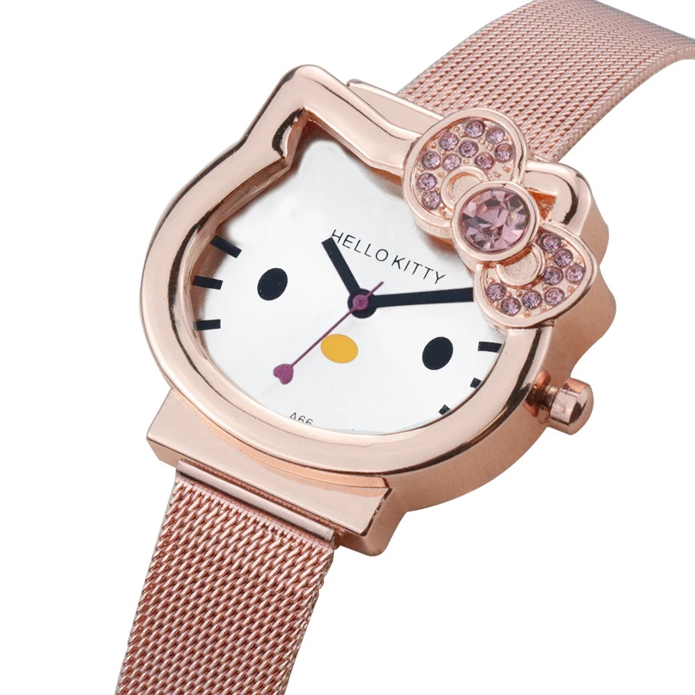 

Hello Kitty cute cartoon KT cat children's watches leather strap kids Mesh belt gold watch for kid multi-color Wrist watch
