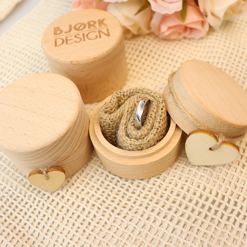 

Personalized Engraved Round Shape Wooden Small Jewelry Packaging Box Wooden Engagement Wedding Ring Box With Custom Logo