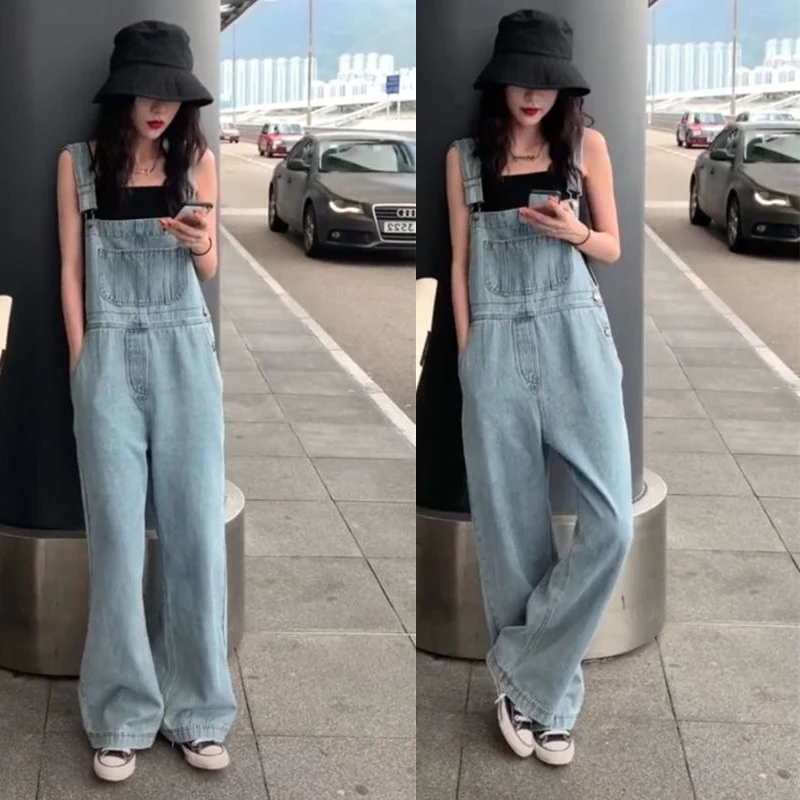 

Bib pants female Korean version loose 2021 new summer net red age-reducing straight and thin high-waisted wide-leg jeans