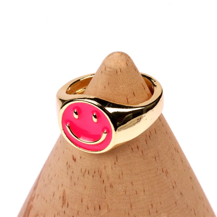 

Ins Style New Copper Plated Dripping Oil Smiley Face Open Index Finger Ring Fashion Temperament Ring, Picture shows