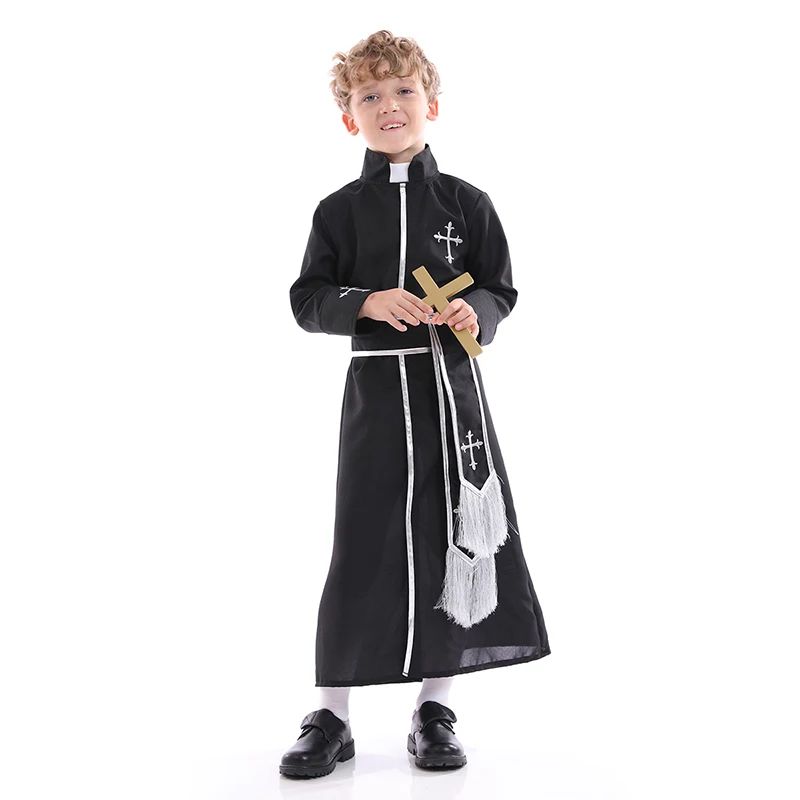 

Amazon hot sale Halloween carnival clergy costume pastor role play for kids medieval spriest costume for boys, Black