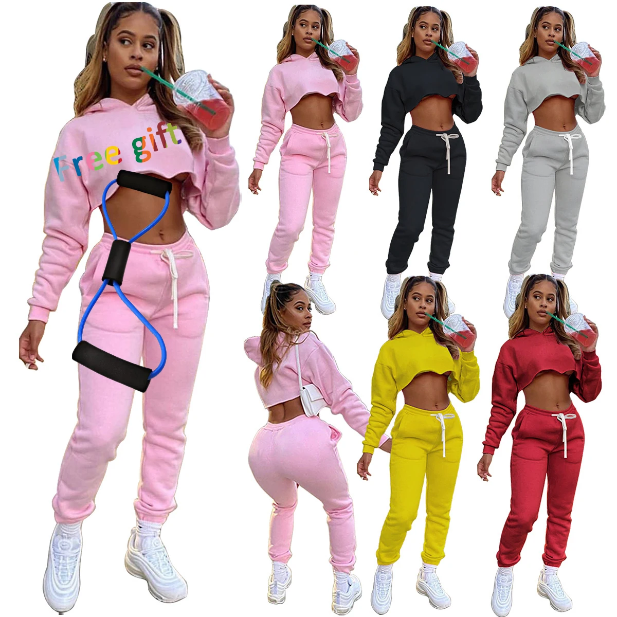 

2021 Custom Logo Two Pieces Hoodie Training Tracksuit Joggers Set 2 Piece Stacked Top Pants Sweatsuit Fall For Women, Customized color