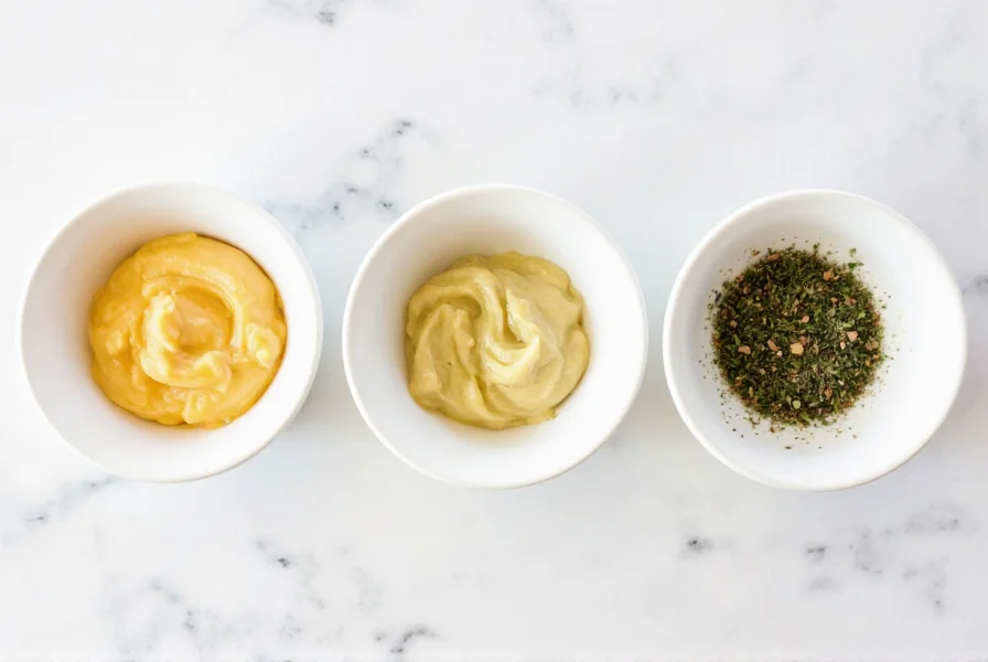 Three small bowls showing variations of pepper mayonnaise with different herbs and ingredients