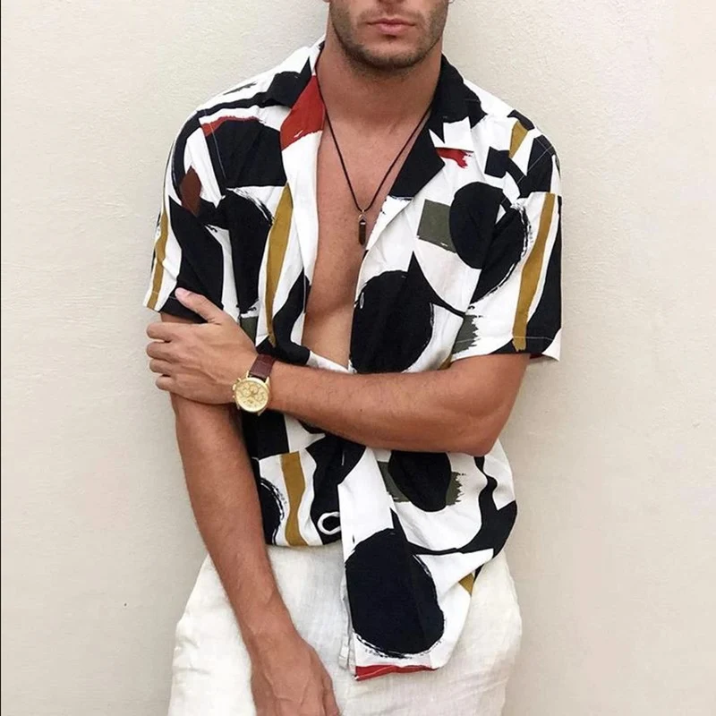 

2021 Fashion Print Men Shirt Lapel Collar Streetwear short Sleeve Breathable Hawaiian Casual Shirts