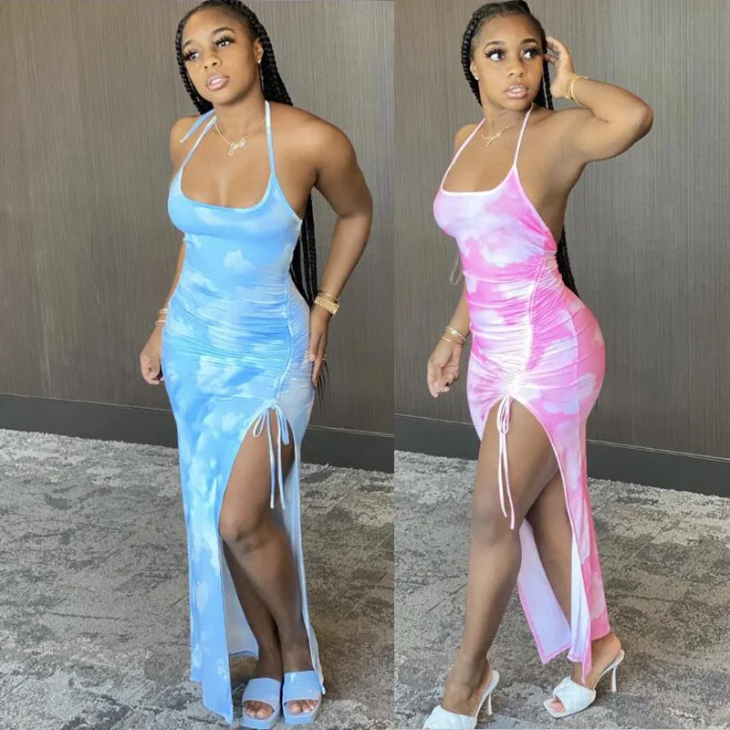 

Designer 2021 Summer Sexy Tie-Dye Bodycon Backless Halter Bandage Maxi Long Dress for Ladies Women Party Club