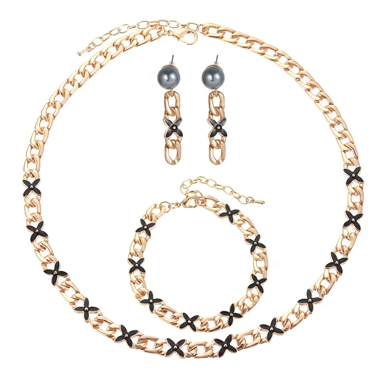 

Black Flower Pearl Hip Hop Polynesian Hawaiian Necklace Bracelet Earring Sets For Women Jewelry, Golden