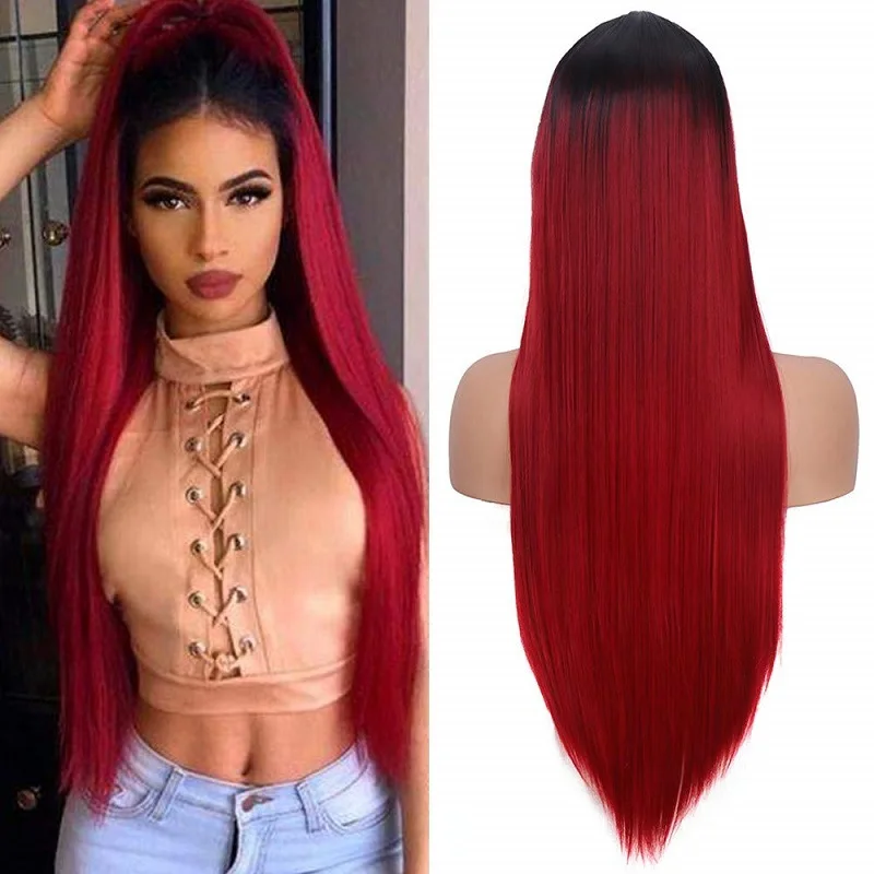 

Dropshipping Women Long Straight Hair Wigs Middle Part Bangs Hair Head Cover Synthetic Red-Black Marcel Wave Hair Hairpiece