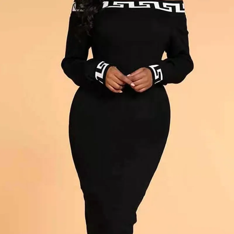 

New spot women's fashion casual plain stitching printed word shoulder dress